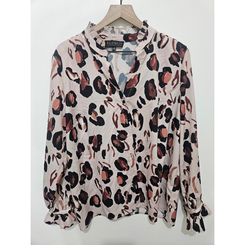 Eloquii Animal Print Ruffle Neck Long Sleeve Blouse Neutral Black Brown Size 16